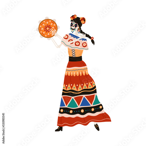 Mexican Katrina playing tambourine for Day of Dead, Dia de los Muertos. Mexico Catrina, woman skeleton with flowers in hair, dancing in dress. Flat vector illustration isolated on white background photo