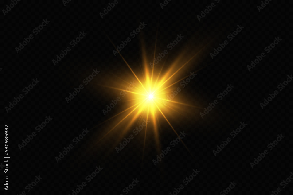 Light effect. Golden bright star, yellow sun. Starlight. Light effect. Golden bright star, yellow sun. Starlight.