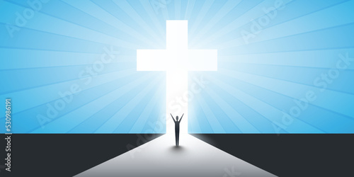 Christian Cross Symbol with Sun Rays and Standing Man - Sign of Crucifix, Easter, Purity, Faith, Baptism, Holy Spirit, Evangelization and Resurrection - Blue Background with Bright Rays of Light