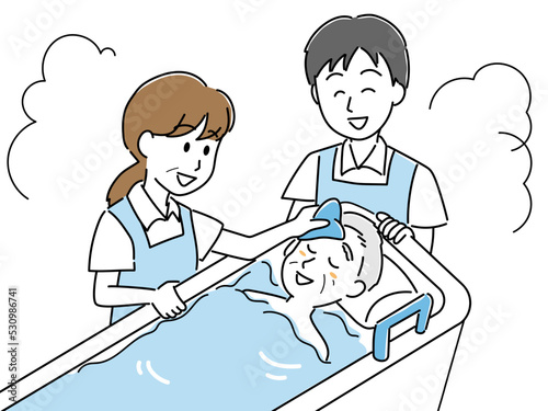 介護　高齢者の入浴介助をするイラスト