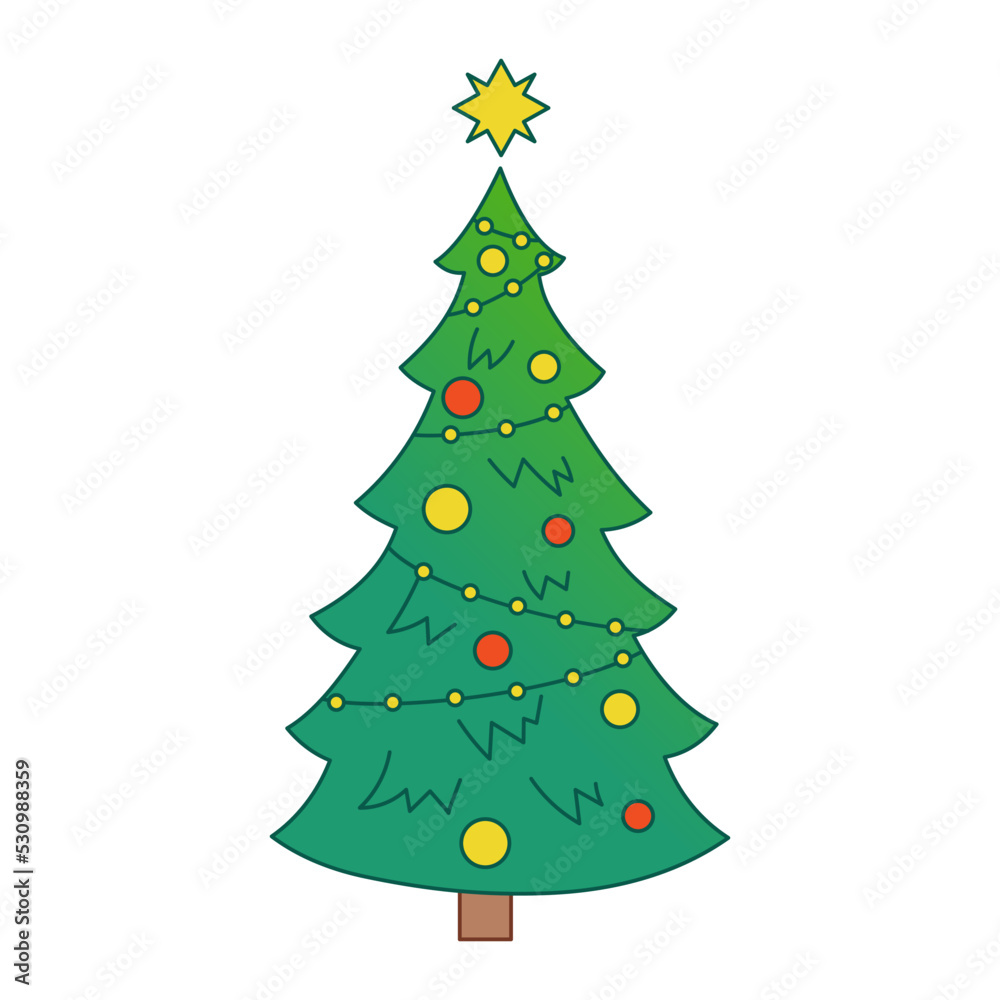Vector christmas tree. Evergreen tree with decorations. Fir tree for New Year. Gradient.