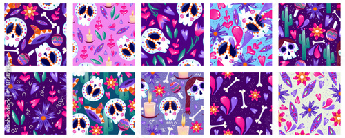 Muertos pattern with skull set. Mexico day dead holiday. Floral skull face. Floral seamless background. Halloween and traditional festival seamless pattern