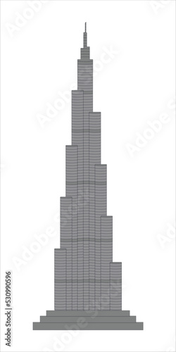 Burj Khalifa tower icon o white isolated background. UAE Dubai symbol. Gray United Arab Emirates building. 