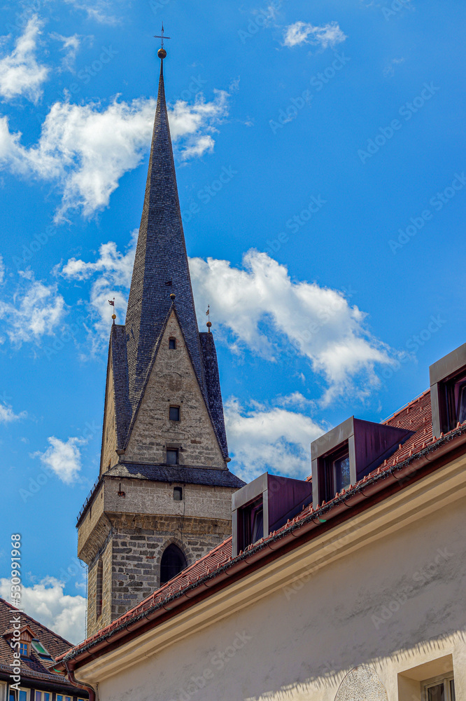 The tower of Ursuline Church in Brunico. South Tyrol, Italy