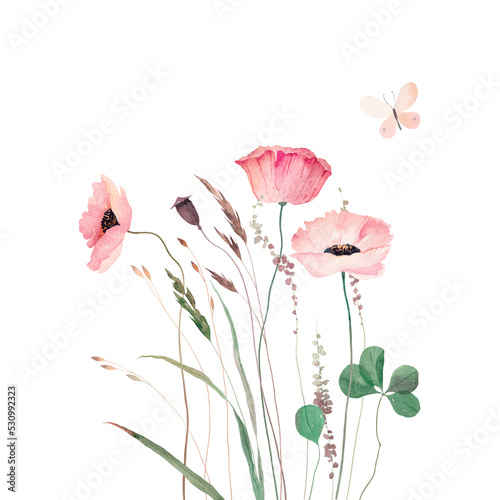 Summer wildflowers. Cute watercolor flowers isolated on white background. Illustration for card, border, banner or your other design.
