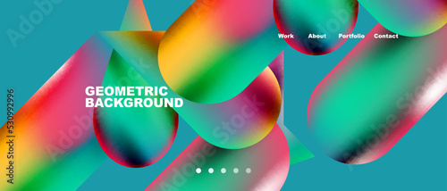 Glassmorphism landing page background template. Colorful glass shapes with metallic effect abstract composition for wallpaper, banner, background