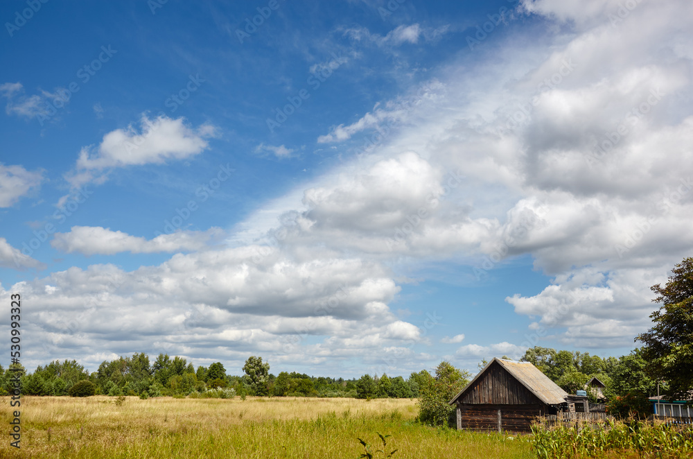 Beautiful summer rural landscape with old barn. Meadow with trees and grass against the clouds sky