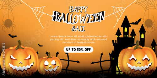 Halloween orange banner with pumpkin spider and bats