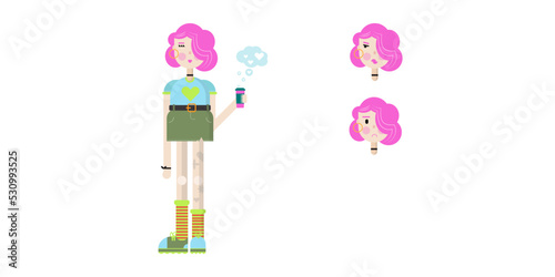 Color vector illustration of a girl with a glass of coffee. Faces with emotions. Pleasure, sadness, discontent.