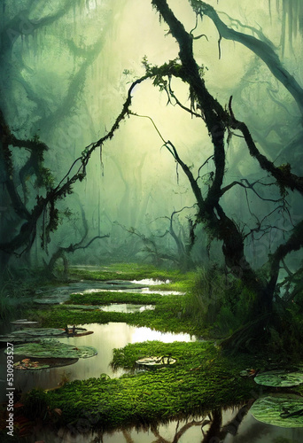 Nebeliger Geisterwald im Sumpf mit Mangroven im Wasser