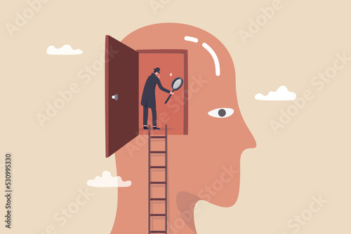 Psychology and mindset, deep mind thinking or mental health diagnose, intelligence brain or depression, emotion or cognitive concept, detective man climb up to human brain investigating problem. photo