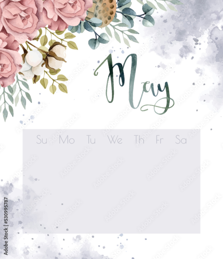Boho flowers bouquet watercolor calendar. Lettering May on watercolor splashes 