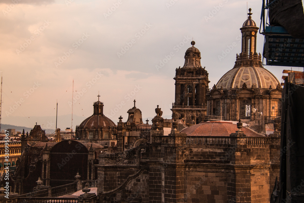 View of the historic center in Mexico City at dusk