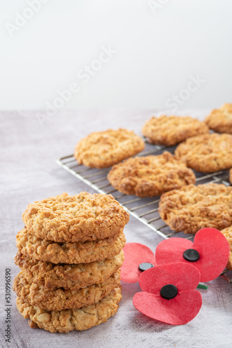 Stack of Anzac Biscuits and Poppies
