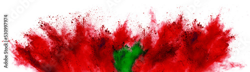 colorful moroccan flag in red green color holi paint powder explosion isolated white background. moroccan africa qatar celebration soccer travel tourism concept photo