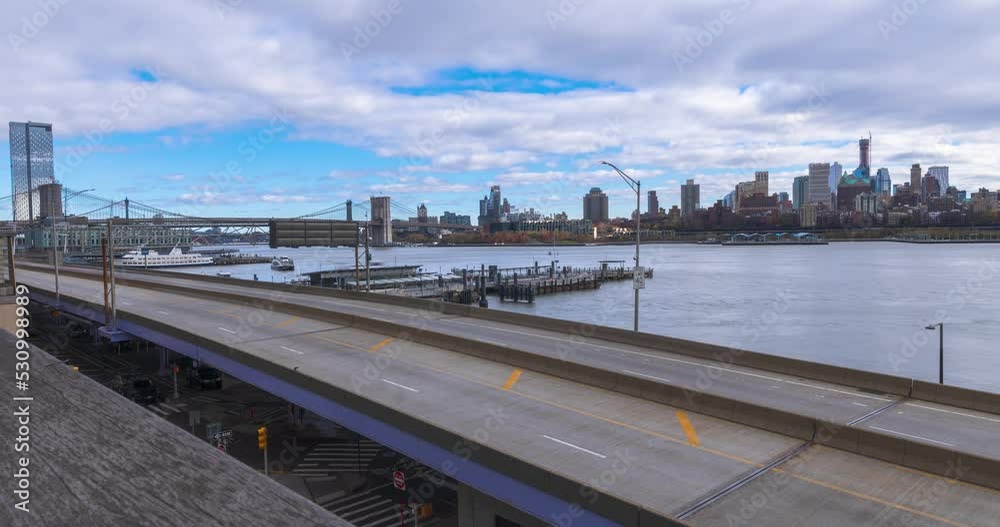 Elevated Acre in Financial District, New York, time-lapse with East River and Brooklyn