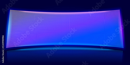 Curved LED screen. Digital stadium scene, glowing video stage and lcd pixel diodes display vector background