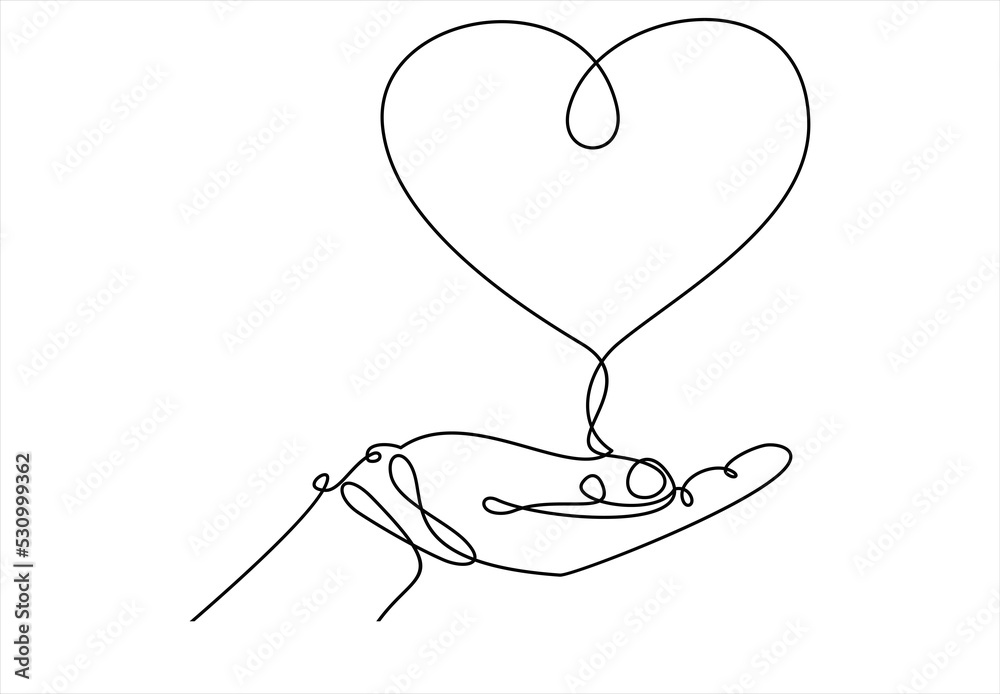 One continuous line drawing of hand holding heart. One continuous line drawing of hand holding heart.