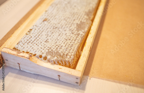 honeycomb on a light table surface. Natural sweets, the benefits of honey, the treatment of angina and orvi photo