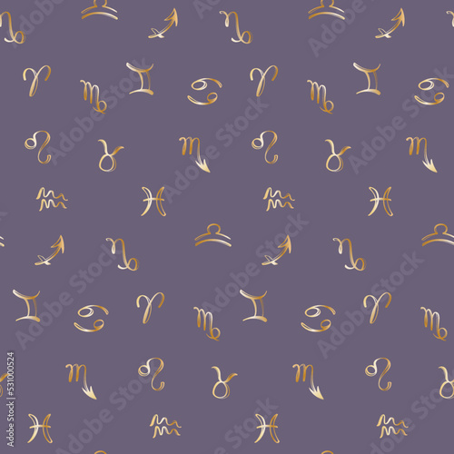 Seamless pattern of the constellations of the Zodiac in gold color. Horoscope on a dark background. Astrological vector illustration for design.