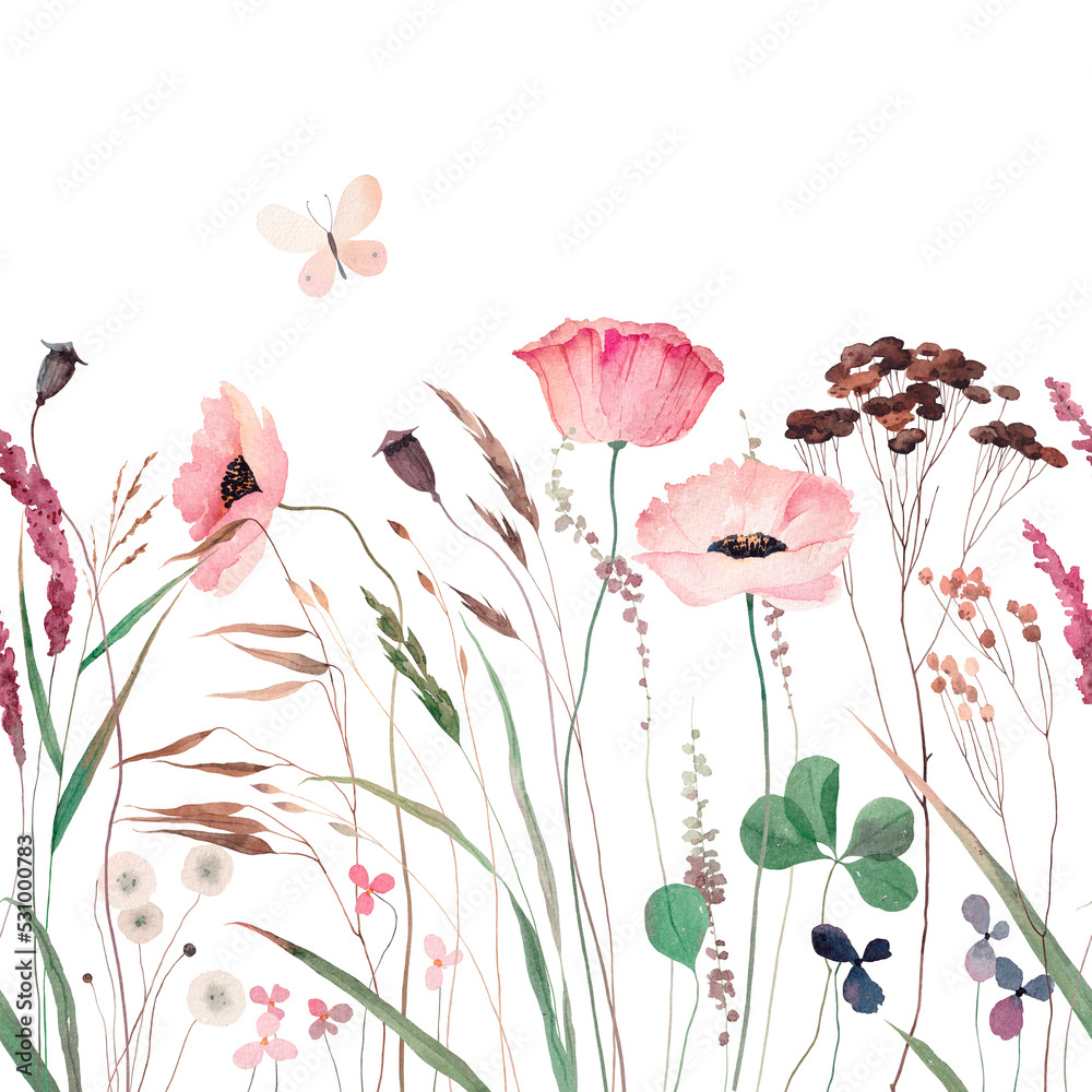 Watercolor illustration with wildflowers, herbs and butterfly ...