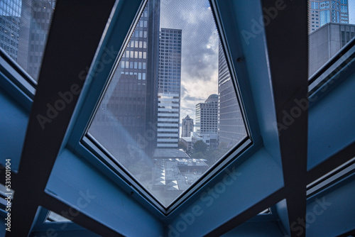 View of the city of Seattle from a window in the Seattle public library