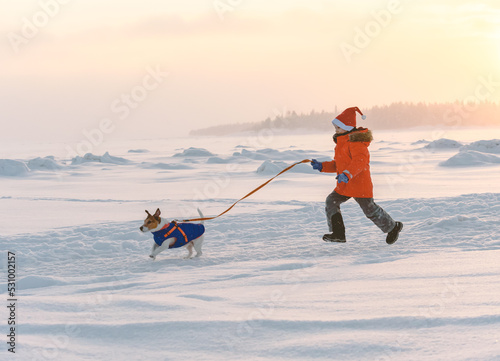 Family walking with dog and having fun on Christmas Day Eve at beach of frozen sea