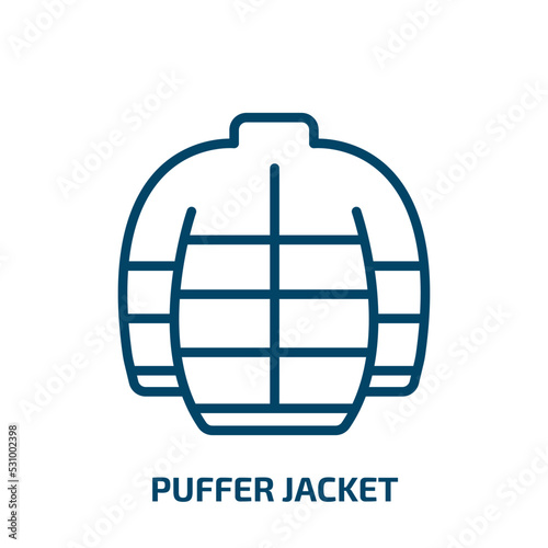 puffer jacket icon from clothes collection. Thin linear puffer jacket, garment, jacket outline icon isolated on white background. Line vector puffer jacket sign, symbol for web and mobile