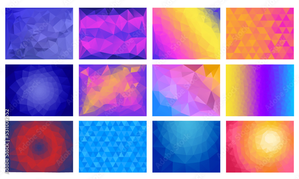 Triangle backgrounds. Geometric polygonal pattern, triangulation design and gradient triangles vector backdrop set
