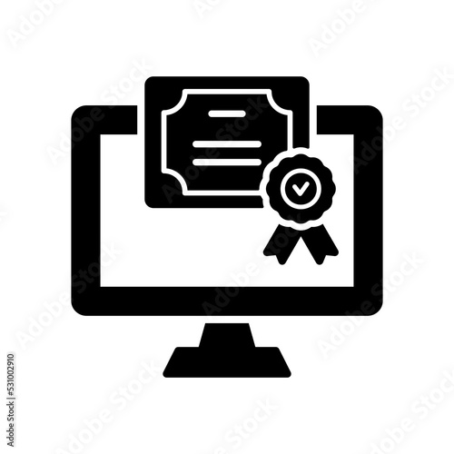 Online Diploma Silhouette Icon. Digital Online and Distance Education concept. Certificate with License Badge Black Icon. Award, Grant, Distance Diploma. Vector Isolated Illustration