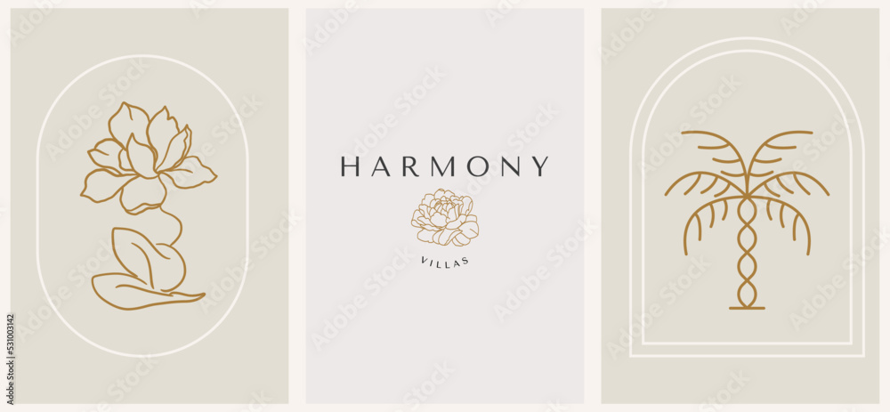 Abstract summer logo template with palm trees and woman silhouette. Modern minimal set of linear icons and emblems for social media, accommodation rental and travel services. Abstract summer logo template with palm trees and woman silhouette. Modern minimal set of linear icons and emblems for social media, accommodation rental and travel services.