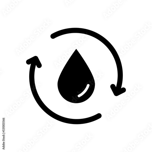 Recycle or Reuse Water Silhouette Icon. Save world. Recycle symbol. Water Drop with 2 Sync and Circular Arrows. Renew of Liquid. Vector Isolated Illustration