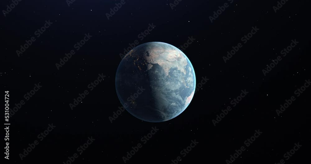 Rotating planet earth in space. Half of the planet is illuminated, on the dark side there is light from houses. Starry sky. The concept of changing day and night. Rotating planet earth in space. Half of the planet is illuminated, on the dark side there is light from houses. Starry sky. The concept of changing day and night.