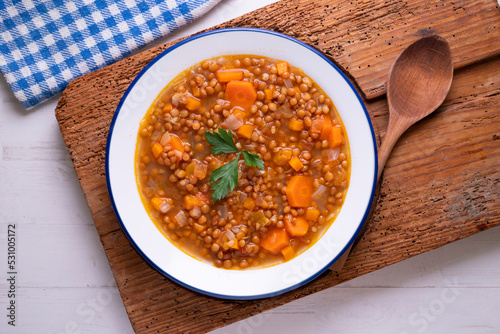 Lentils with carrots. Traditional northern spanish tapa.