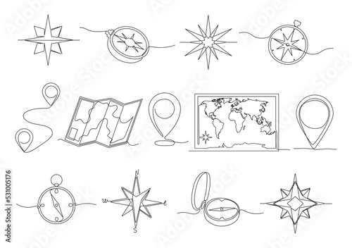 One line location. Hand drawn travel compass, journey route map and pin icon. Geography and tourism vector illustration set