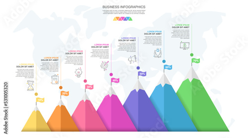 Timeline vector infographic. Modern mountain graph with seven steps, achievement, mission business options. Report charts for web, app, project, chart, banner, presentations