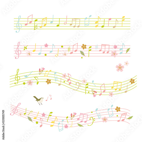 Colorful musical notes with spring flowers illustration set