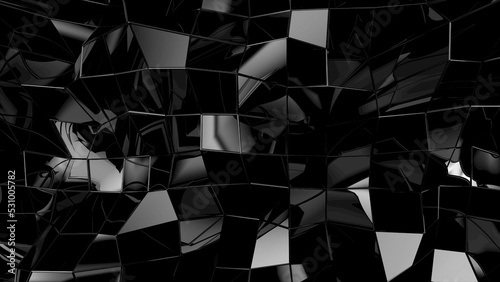 Abstract black geometric uneven bumpy surface with kinks from glossy blocks. Minimal quadrilateral grid 3d rendering in black. Computer gometric background for screensaver, presentation or wallpaper.
