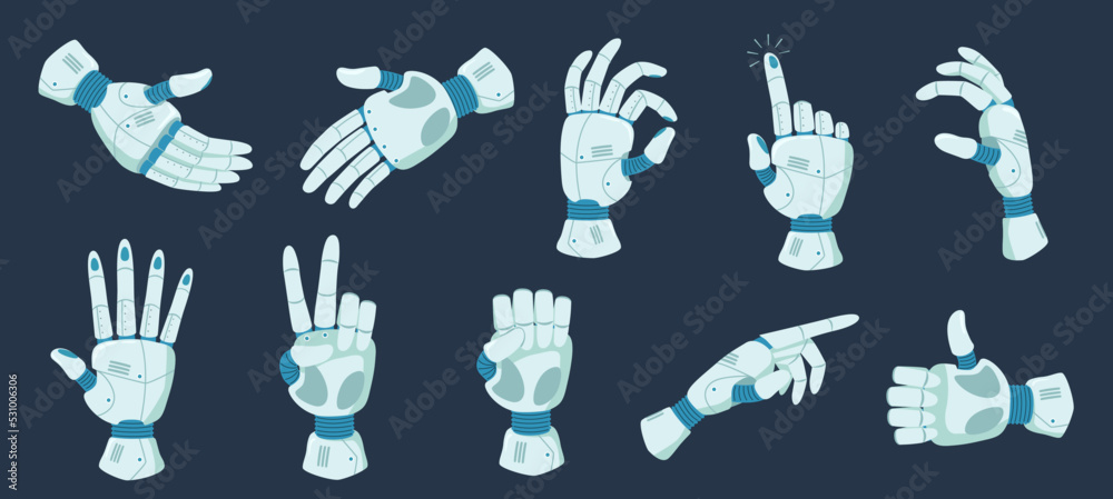 Robot hands gestures. Robotic arm gesture to point, hold and handshake. Futuristic bionic hand prosthesis cartoon vector Illustration set