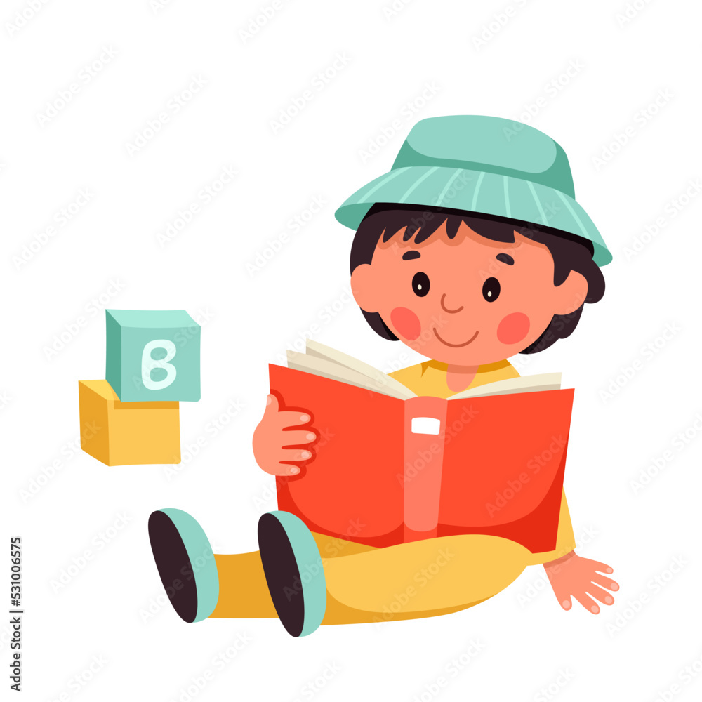 Cute child reading book vector illustration. Cartoon isolated happy baby boy sitting on floor with open book and abc cubes to study and read fairytale story, young preschool character studying Cute child reading book vector illustration. Cartoon isolated happy baby boy sitting on floor with open book and abc cubes to study and read fairytale story, young preschool character studying