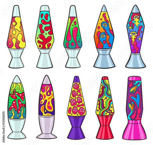 Lava lamps. Psychedelic bubble liquid, 90s retro lamp with colourful neon hippie abstract shapes vector illustration set