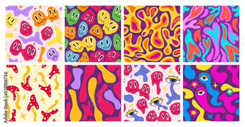 Lava lamp patterns. Retro melting faces, psychedelic bubble liquid, hearts and hippie mushrooms. vintage seamless vector background set