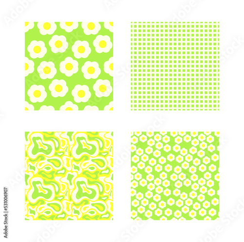 A set of seamless groovy style drawings. Seamless vector of green divisions in y2k style. Retro 70's style pattern for printing on fabric or paper. 