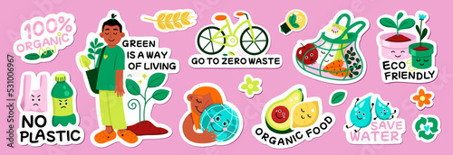 Eco friendly  zero waste lifestyle stickers set vector illustration. Cartoon environmental protection badges with save planet ecology  reuse plastic and recycle slogans isolated on pink background