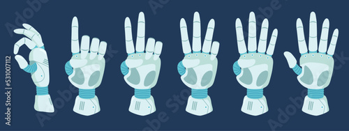 Counting robot hand. Count with cyber hands gestures, robotic arm fingers from zero to five cartoon vector illustration set