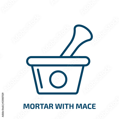 mortar with mace icon from bistro and restaurant collection. Thin linear mortar with mace, 10, mortar outline icon isolated on white background. Line vector mortar with mace sign, symbol for web and