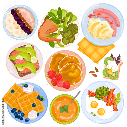 Food set vector illustration. Cartoon isolated breakfast lunch restaurant menu collection of sandwiches with avocado, bread and salmon, pancakes and fried eggs with bacon, mashed potato and sausage
