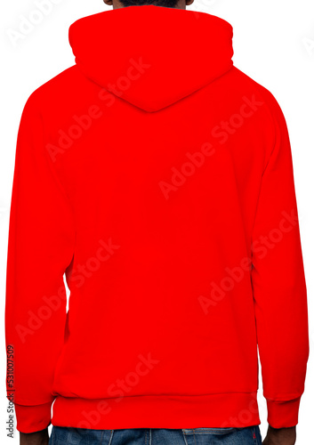 Modello di colore che indossa felpa rossa visto da dietro