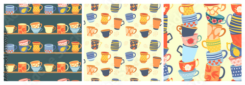 Cups seamless patterns. Coffee cup, stacked mugs and pottery teacups. Kitchen backgrounds vector set