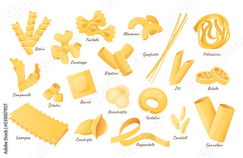Italian pasta shapes. Fettuccine, spaghetti and lasagna. Dry cannelloni, ravioli and macaroni. Pasta ingredients cartoon vector illustration set